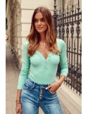 Body cu nervuri cu decolteu cu nasturi, menta FG598 - Magazin online - Boutique